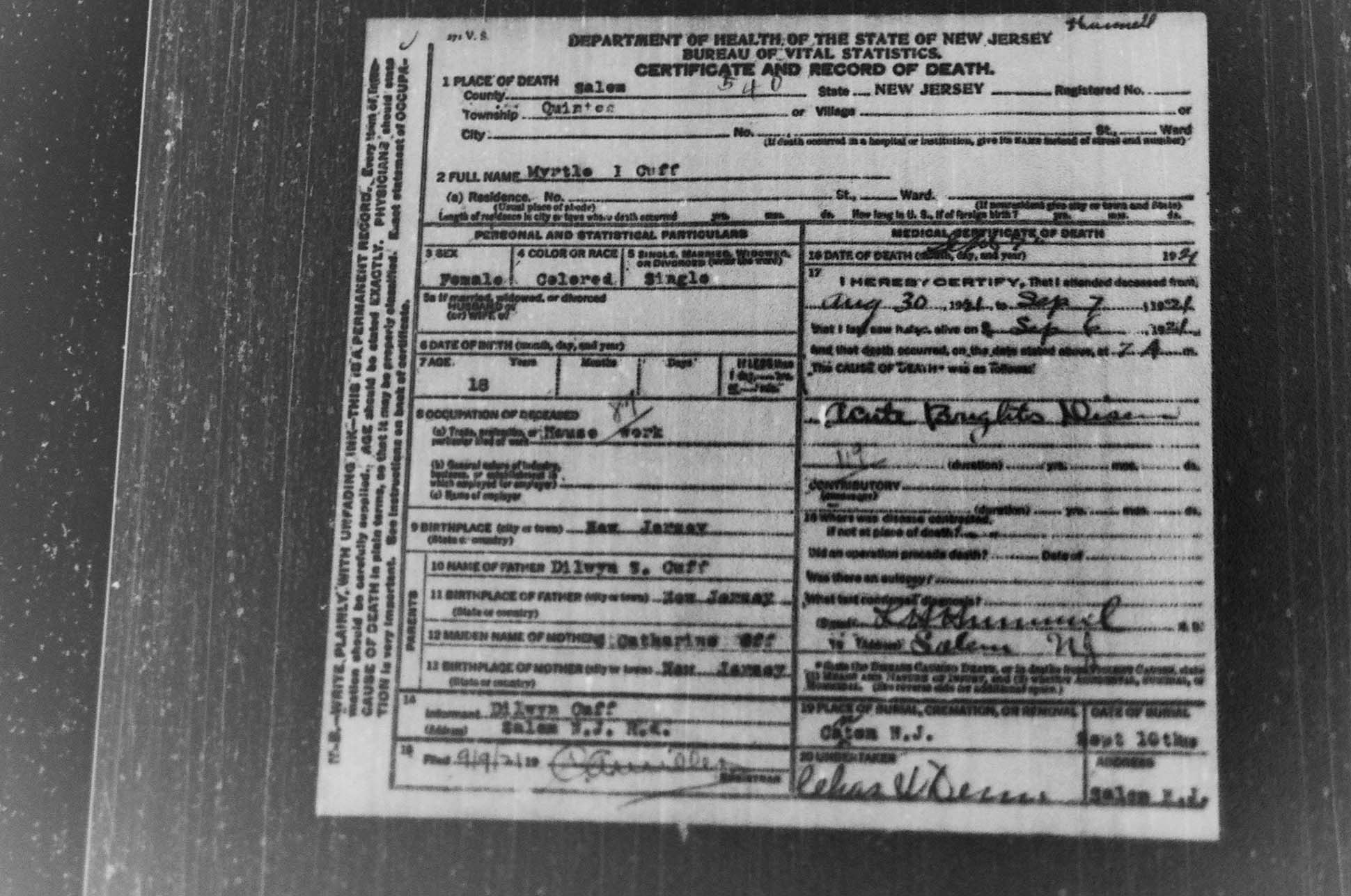 Mitsawokett New Jersey death certificates